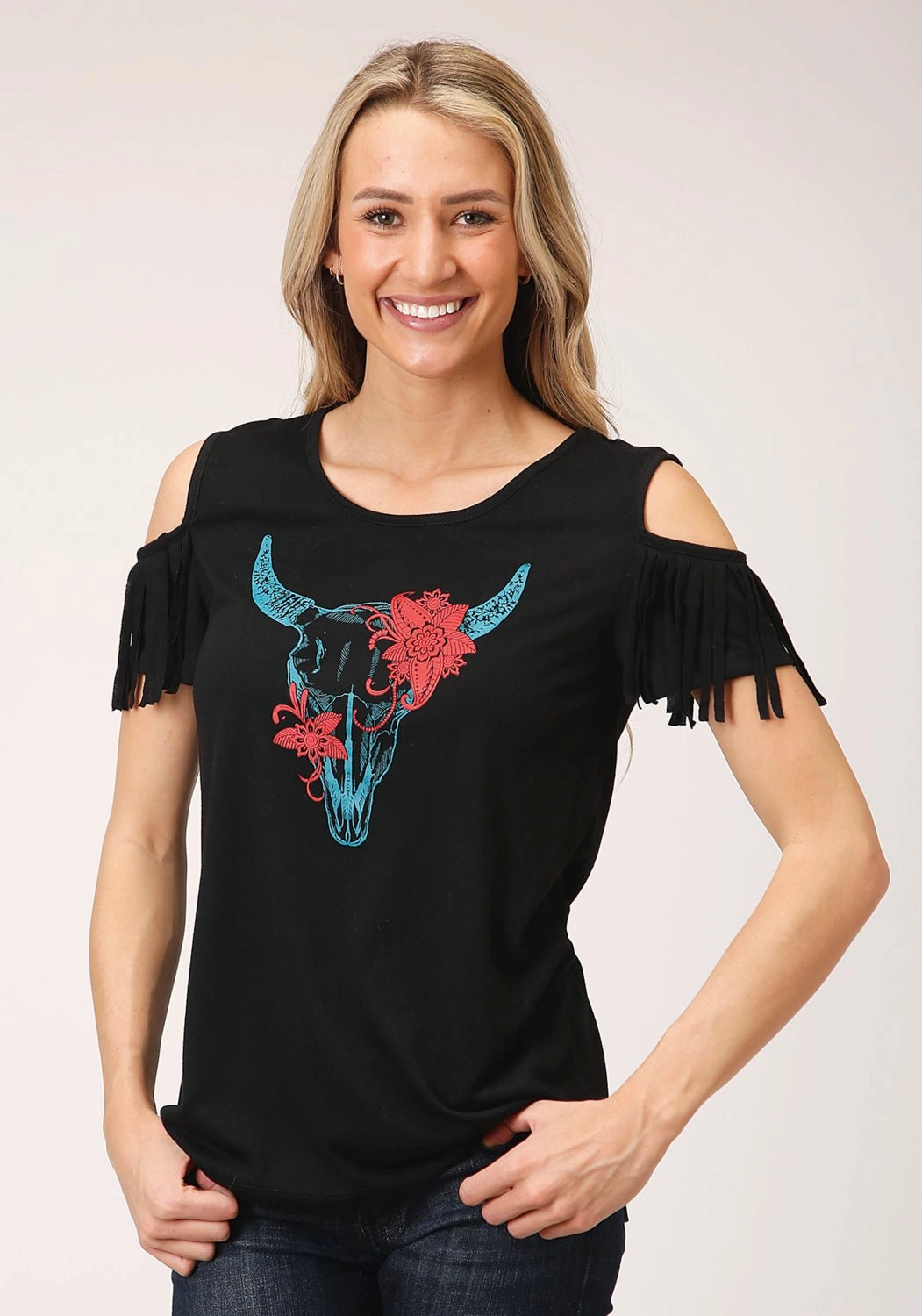 Roper Womens Black Poly/Rayon Cold Shoulder S/S Longhorn T-Shirt Corporate Retreat