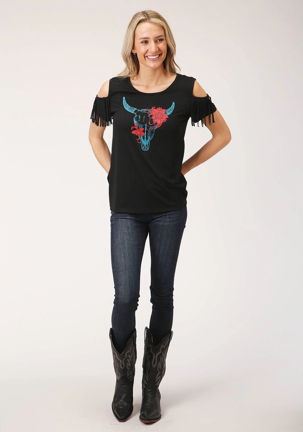 Hooded Option Roper Womens Black Poly/Rayon Cold Shoulder S/S Longhorn T-Shirt