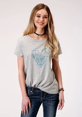 Roper Womens Gray Poly/Rayon Blue Heart S/S T-Shirt Urban Fashion
