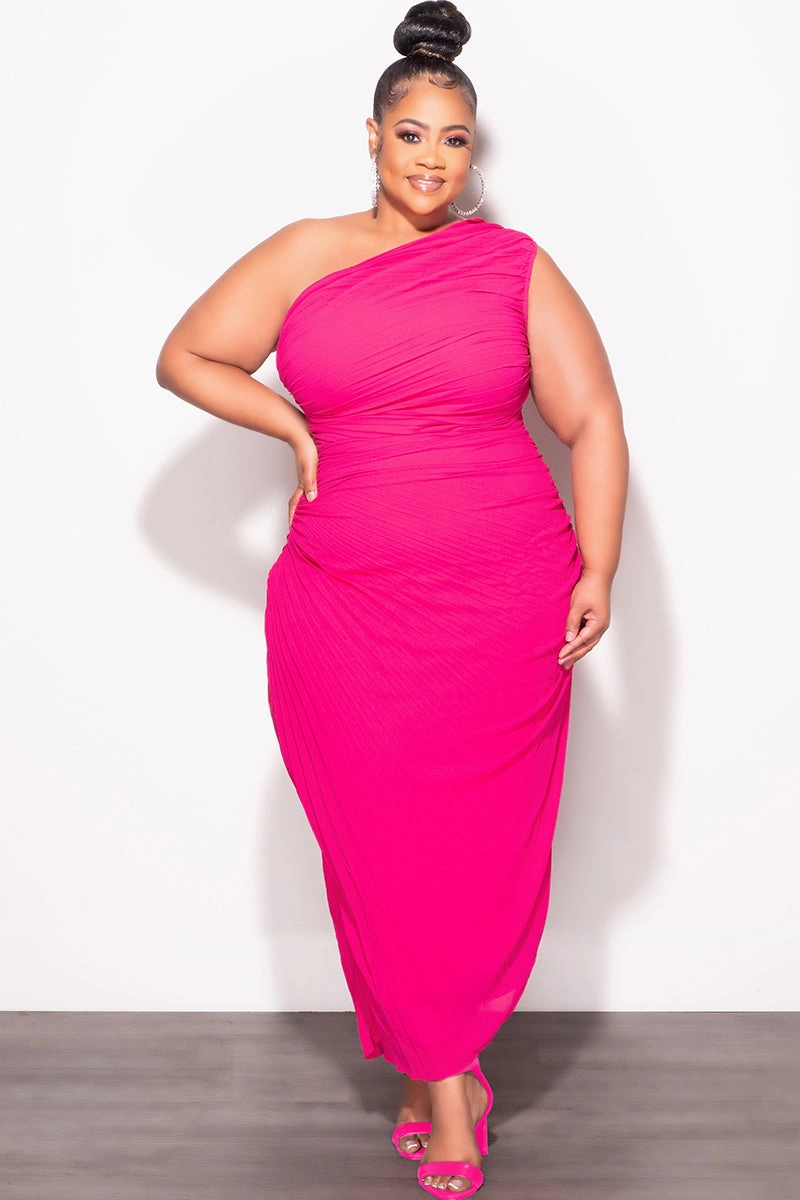 No Gap Waistband Final Sale Plus Size Sheer Chiffon One Shoulder Midi Dress with Ruched Sides in Pink