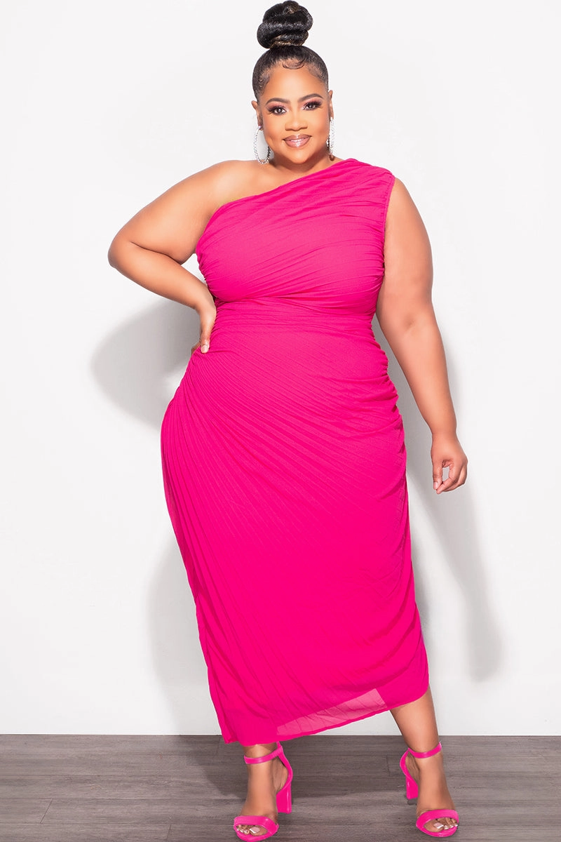 Final Sale Plus Size Sheer Chiffon One Shoulder Midi Dress with Ruched Sides in Pink Flowy legs