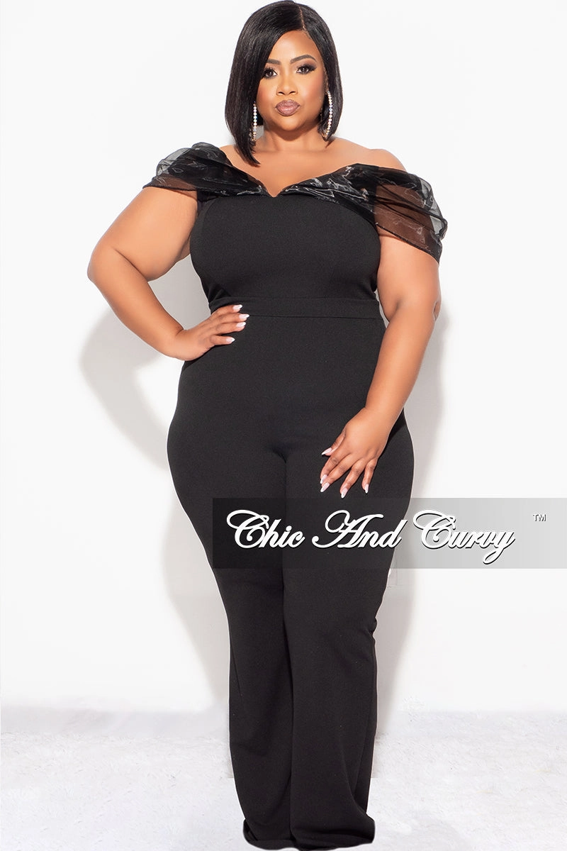 Final Sale Plus Size Mesh Off The Shoulder Plus Size Jumpsuit in Black QuickRelease Fastener