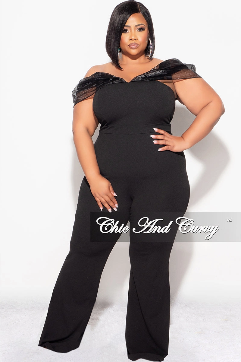 Final Sale Plus Size Mesh Off The Shoulder Plus Size Jumpsuit in Black Smooth Flatlock Stitching
