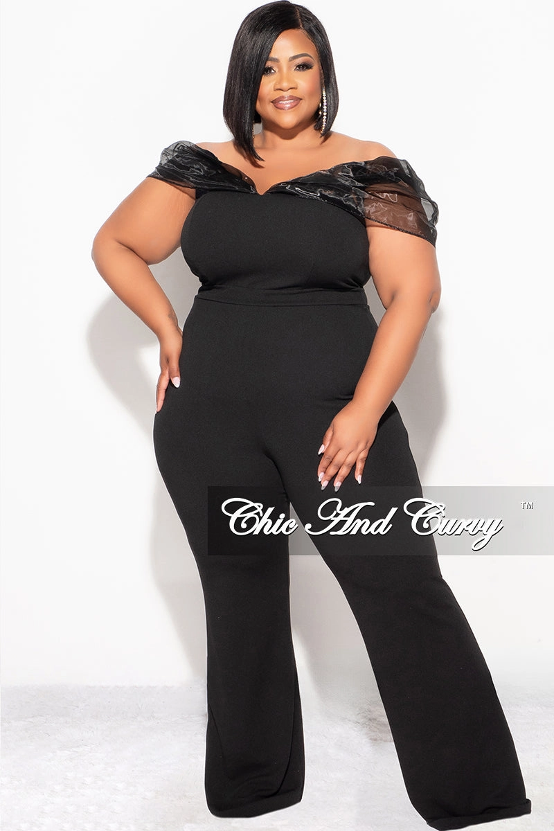 Final Sale Plus Size Mesh Off The Shoulder Plus Size Jumpsuit in Black Biodegradable Fiber Composition