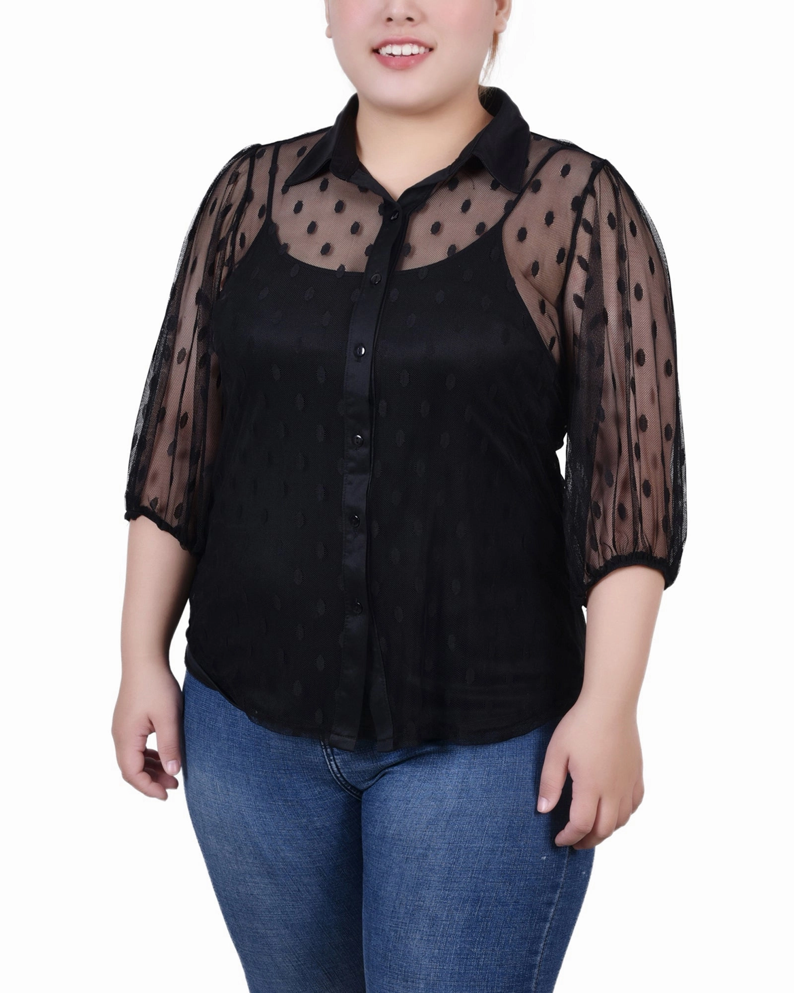 Plus Size Elbow Sleeve Clip Dot Blouse With Camisole WrinkleResistantTextile