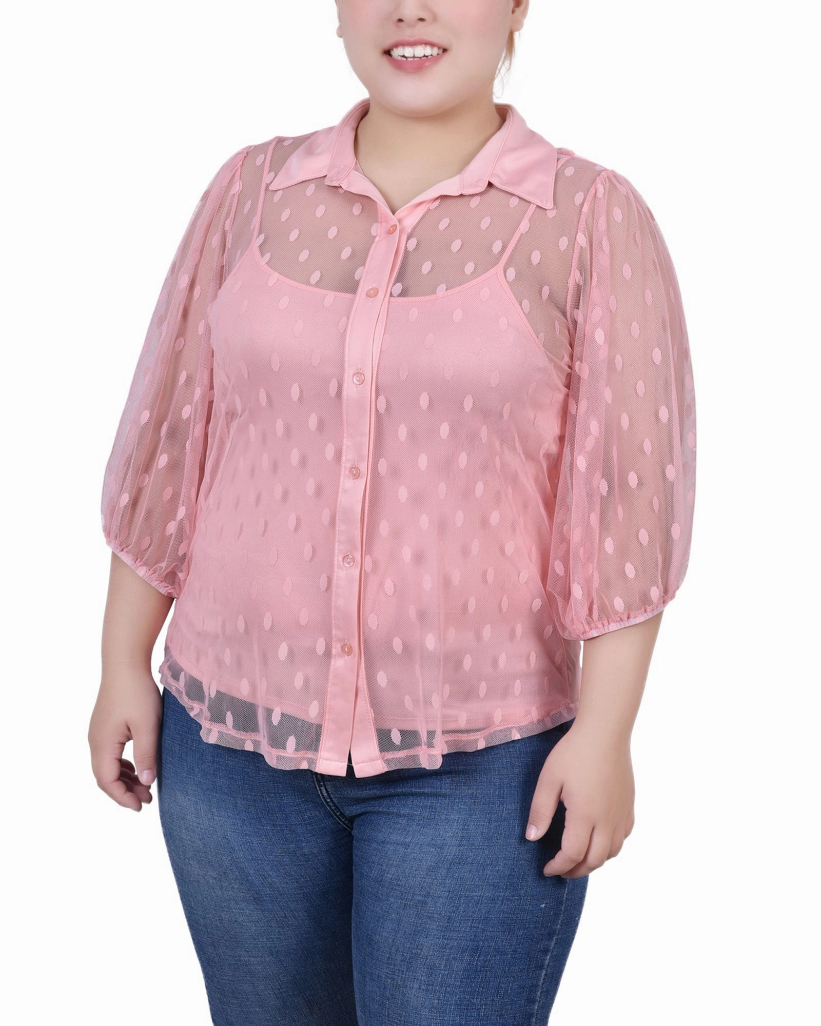 MultiPocket Design Anti Static Weave Technology Plus Size Elbow Sleeve Clip Dot Blouse With Camisole