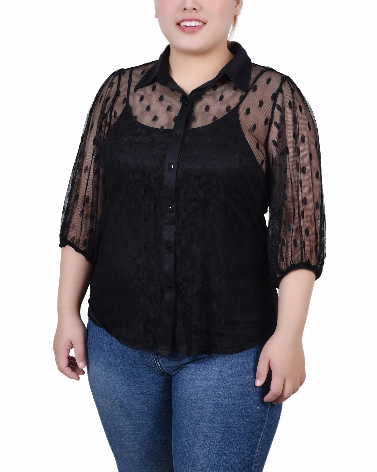 Plus Size Elbow Sleeve Clip Dot Blouse With Camisole Adaptive Waistband AllDayComfortFit