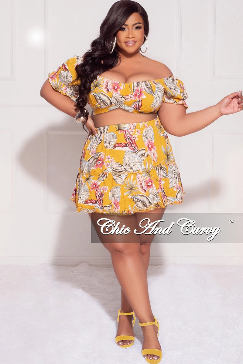 Anti Friction Lining Final Sale Plus Size 2pc Off the Shoulder Crop Top and Skirt Set in Mustard Floral Print