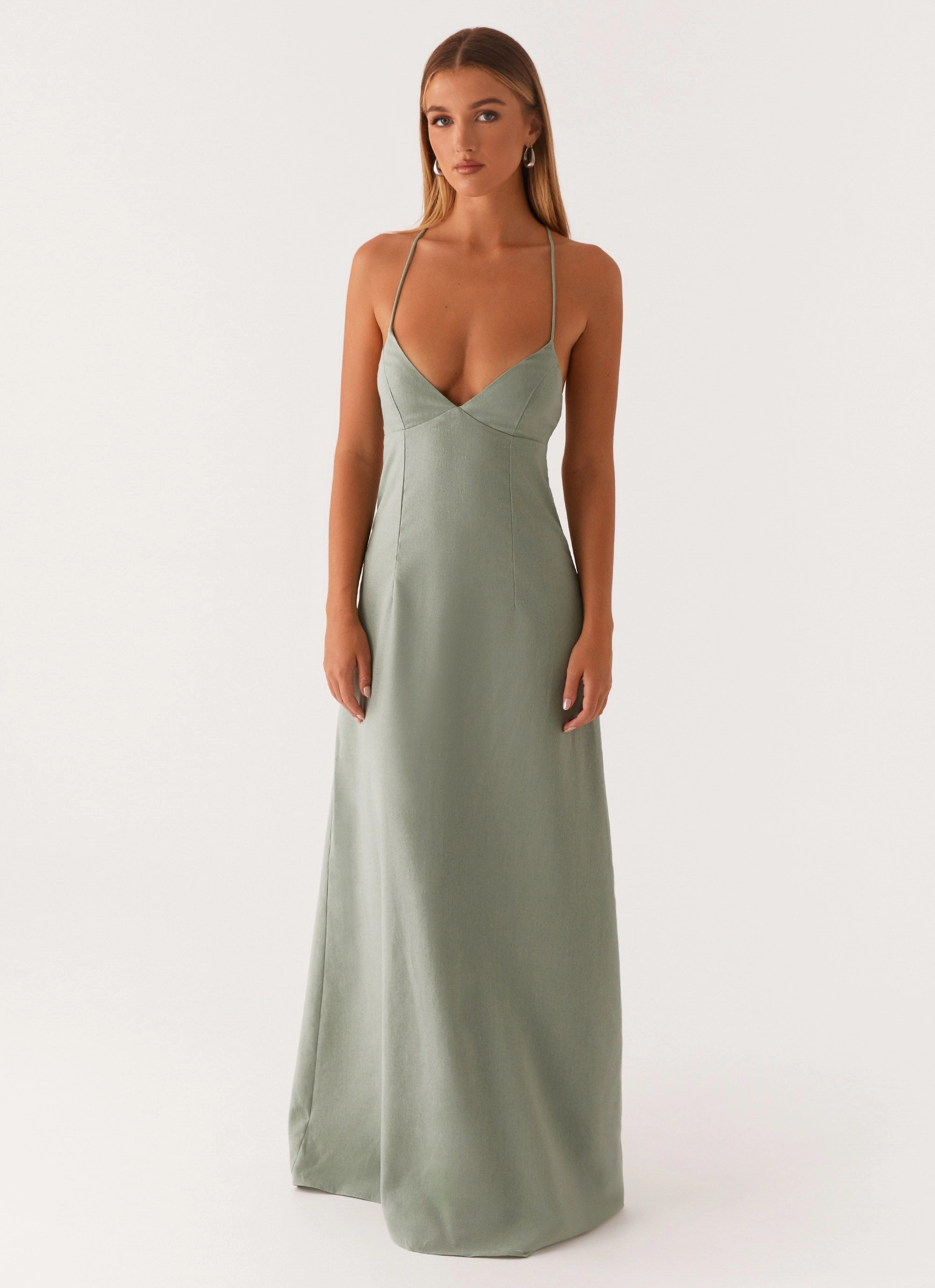 Relax Style Elegant Tailoring Middle Ground Linen Maxi Dress - Sage