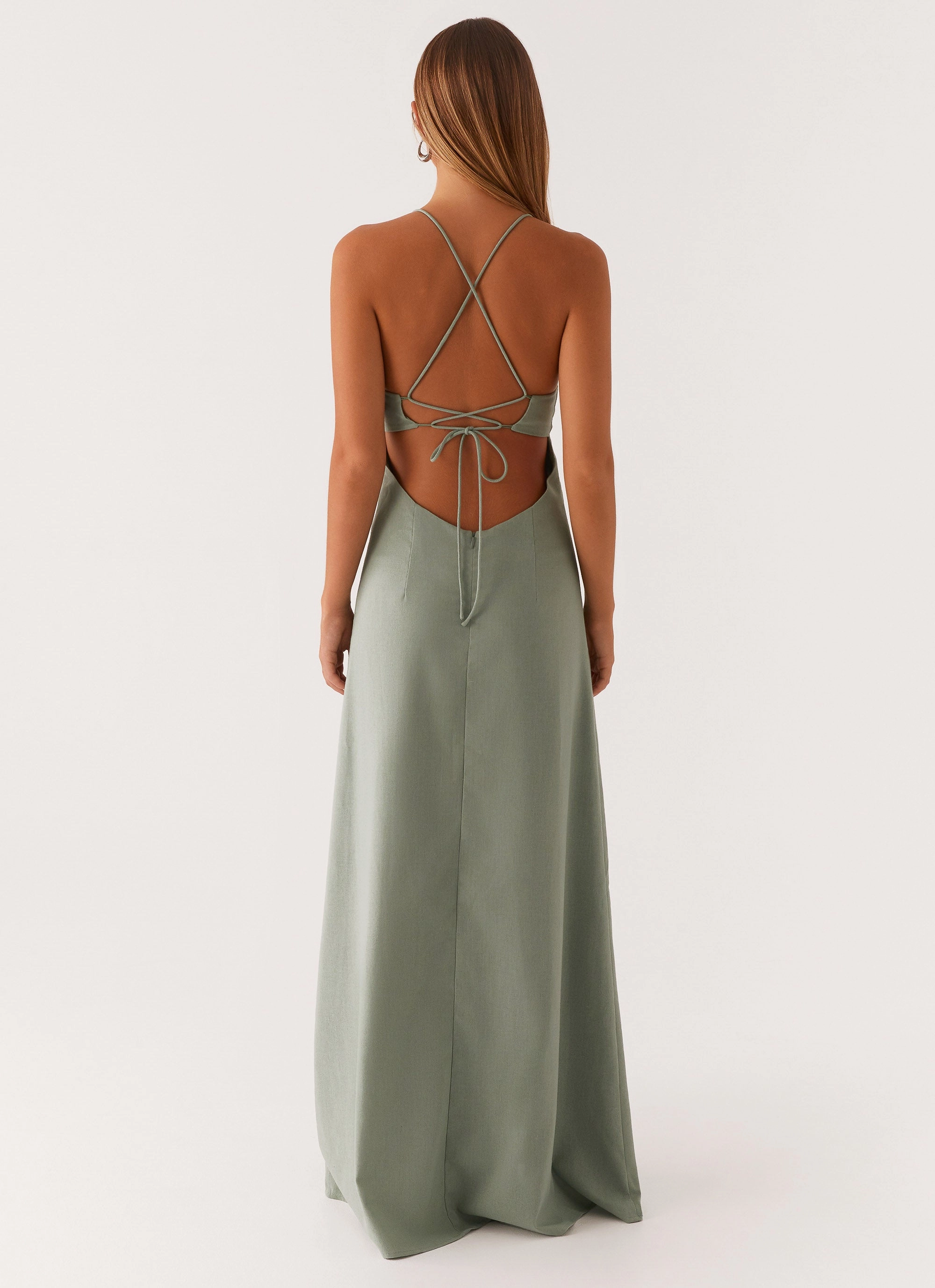 Classic Edge High Neck Middle Ground Linen Maxi Dress - Sage