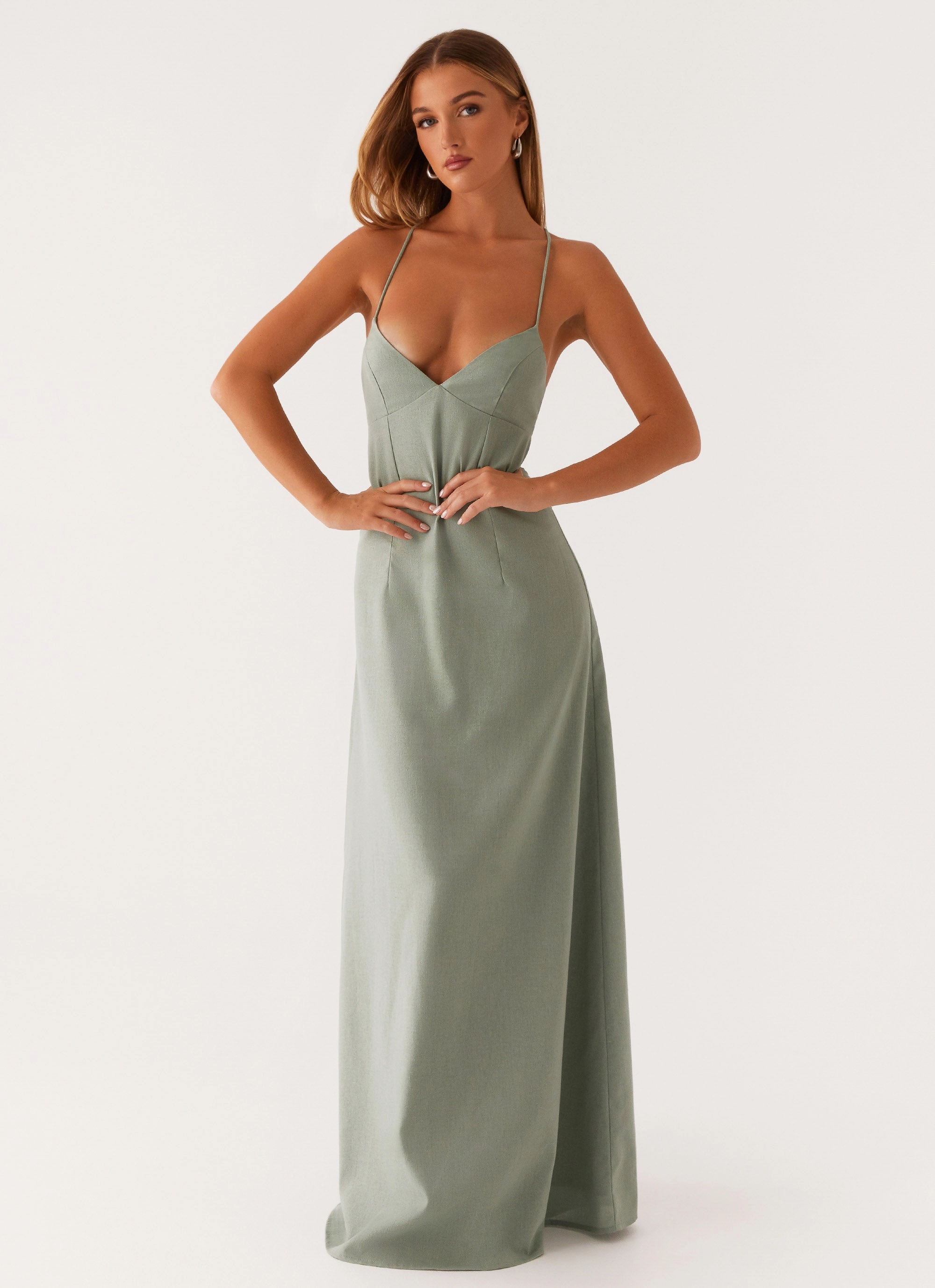Middle Ground Linen Maxi Dress - Sage Fitted waist