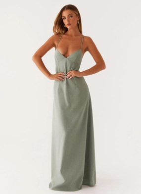 Middle Ground Linen Maxi Dress - Sage Fitted waist