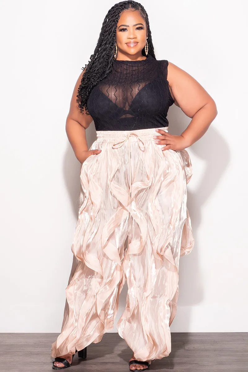 Final Sale Plus Size Organza Wide Leg Pants in Tan Cuffed hem