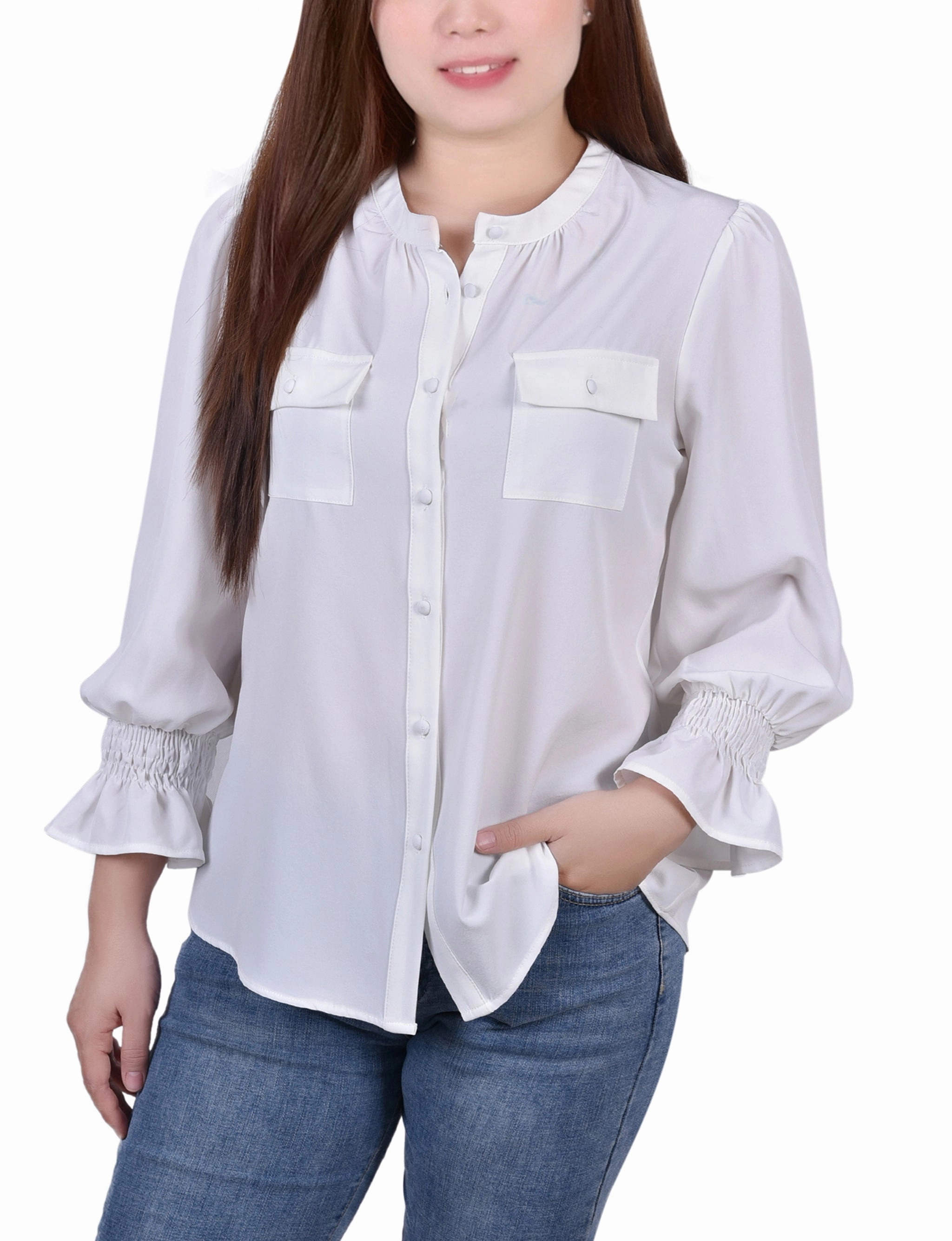 Reflective details HypoallergenicConstruction Petite Smocked Cuff Blouse