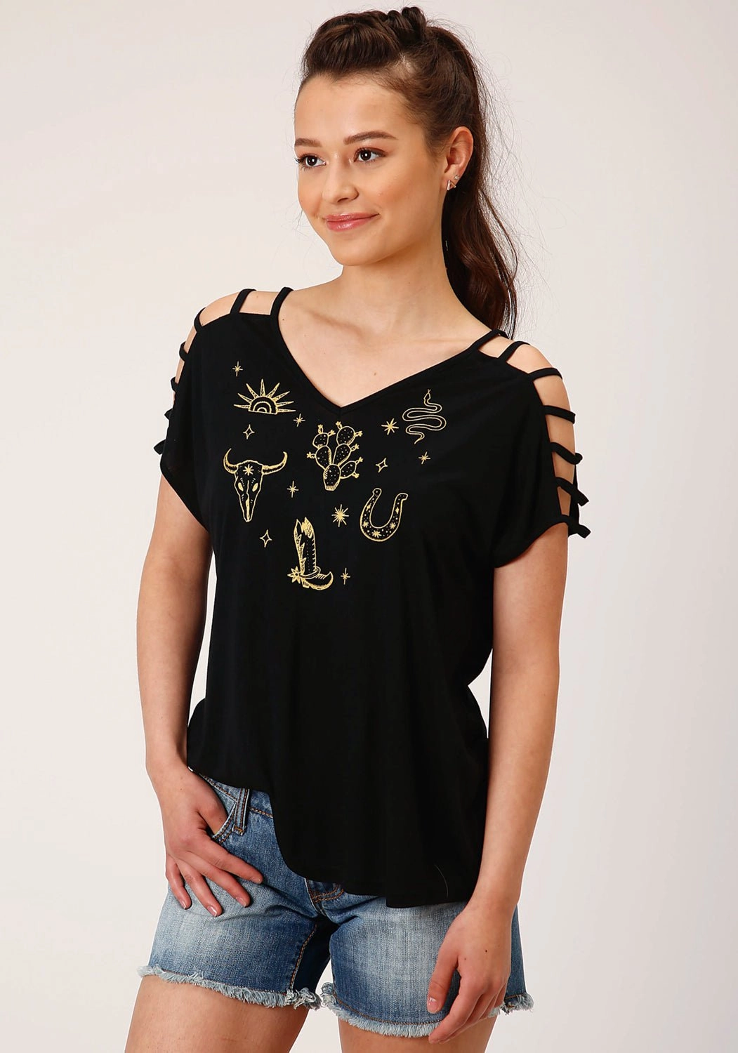 Trendy Fashion Roper Womens Black Poly/Rayon Cold Shoulder S/S Strappy T-Shirt