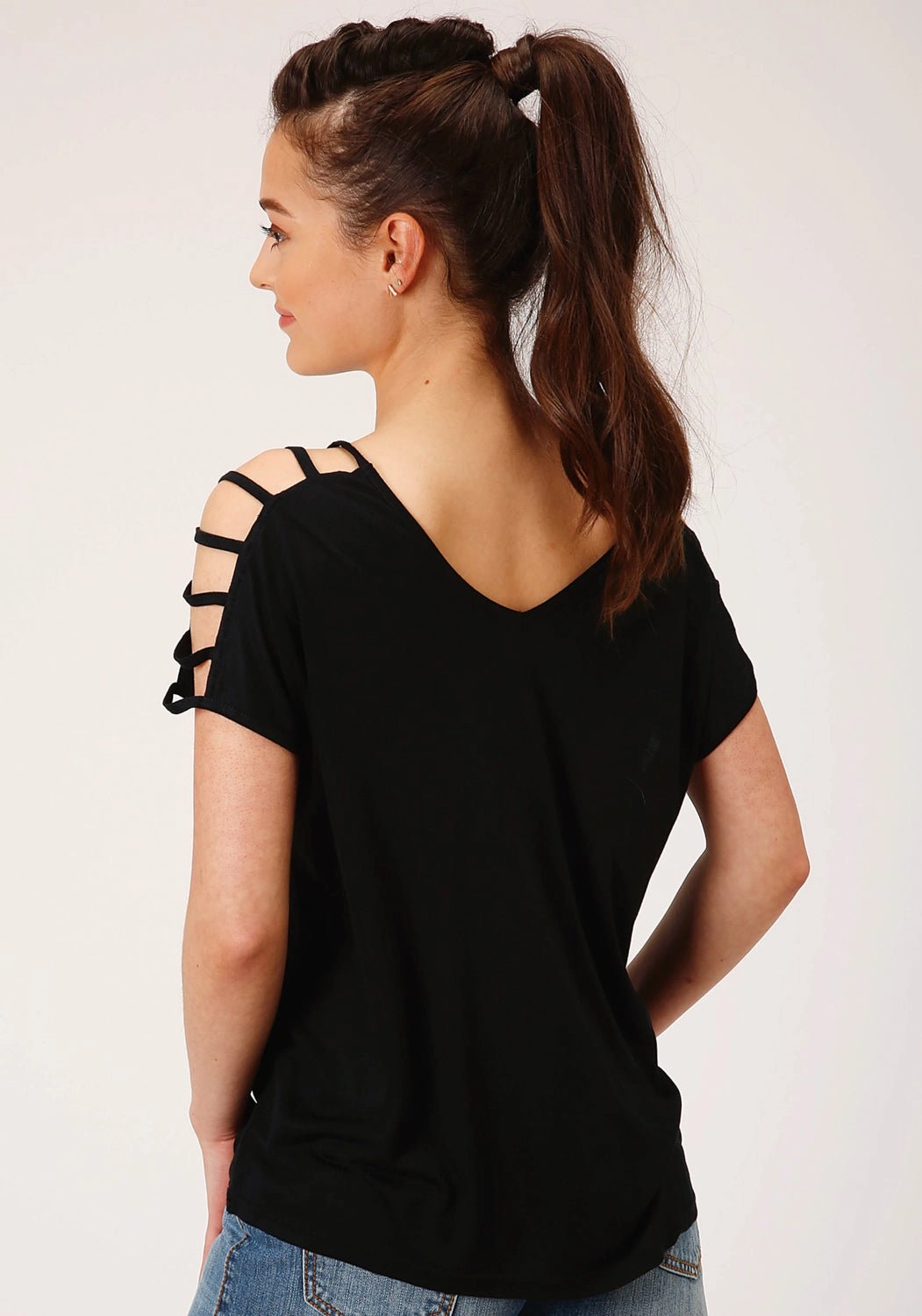 Roper Womens Black Poly/Rayon Cold Shoulder S/S Strappy T-Shirt gender-neutral