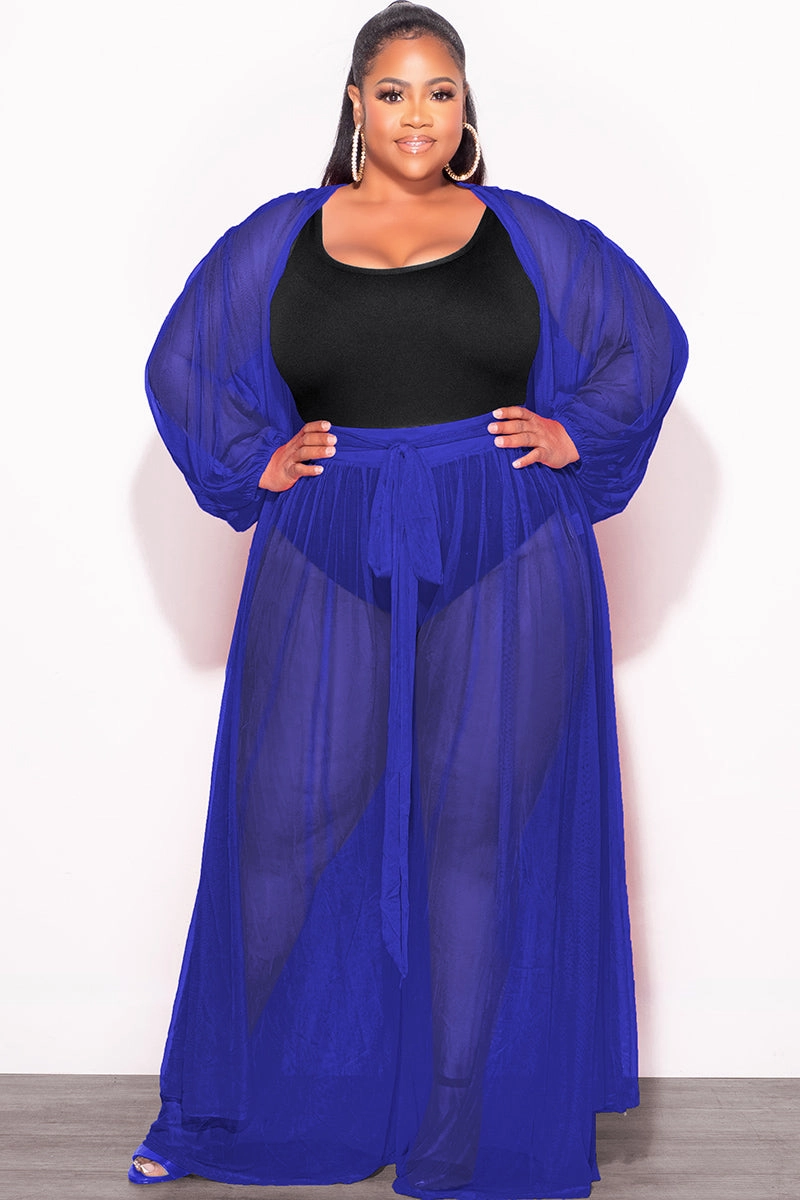 Detachable belt Final Sale Plus Size 2pc Sheer Duster and Pants Set in Royal Blue
