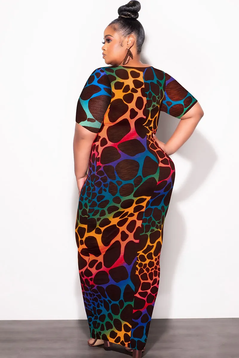 Relaxed fit wear All Day Comfort Fit Final Sale Plus Size BodyCon Dress in Brown Background & Multi-Color Giraffe Print