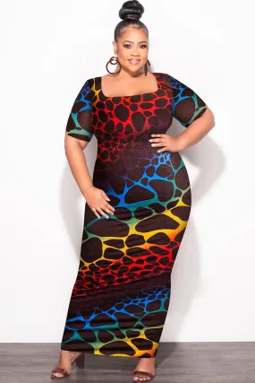 LightweightComfort Final Sale Plus Size BodyCon Dress in Brown Background & Multi-Color Giraffe Print