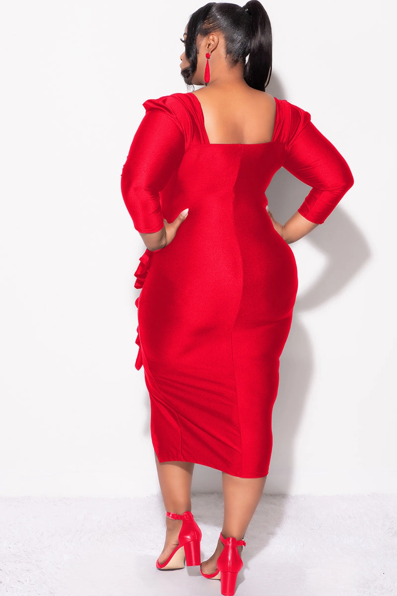 Easy Travel Final Sale Plus Size Shiny BodyCon Dress with Side Ruffle and Front Slit in Red