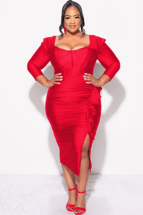 Outfit Staple Final Sale Plus Size Shiny BodyCon Dress with Side Ruffle and Front Slit in Red