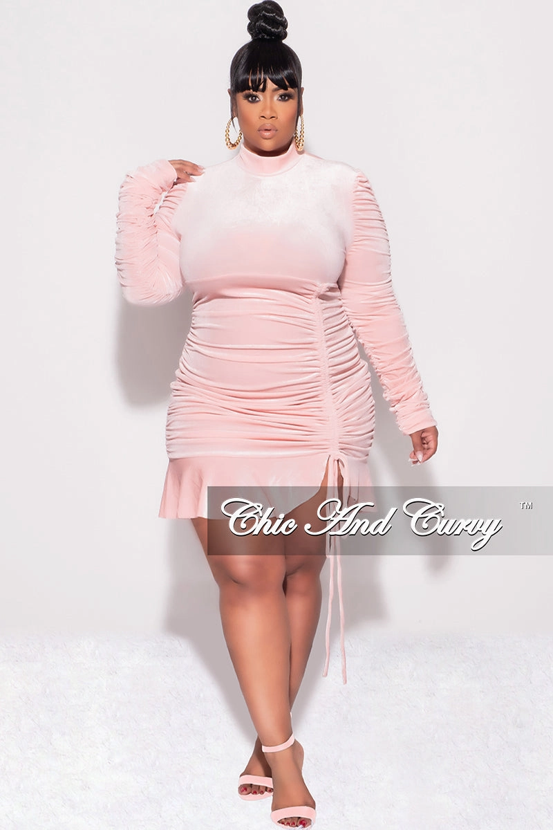 Final Sale Plus Size Long Sleeve Velvet Ruched Bodycon Dress with Bottom Ruffle in Mauve Comfort waistband