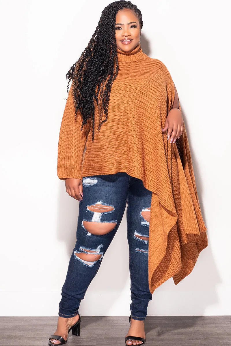 Easy Match Final Sale Plus Size One Shoulder Turtleneck Sweater Poncho in  Rust