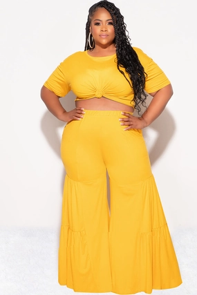 Final Sale Plus Size 2pc Crop Tie Top and 3-Layer Pants Set in Mustard No Bunching Modern Waist