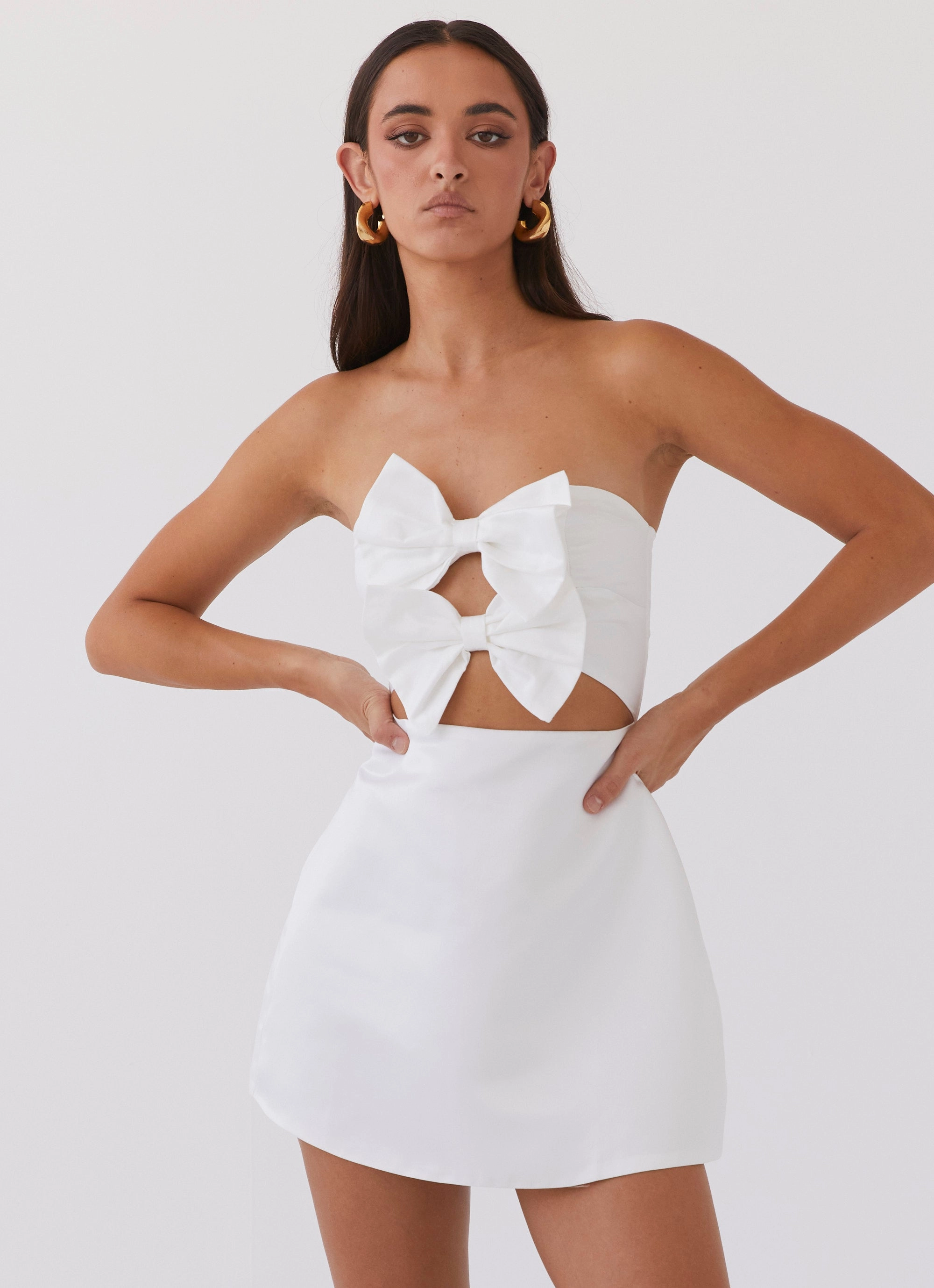 Flexible Cut Girl Crush Bow Mini Dress - White