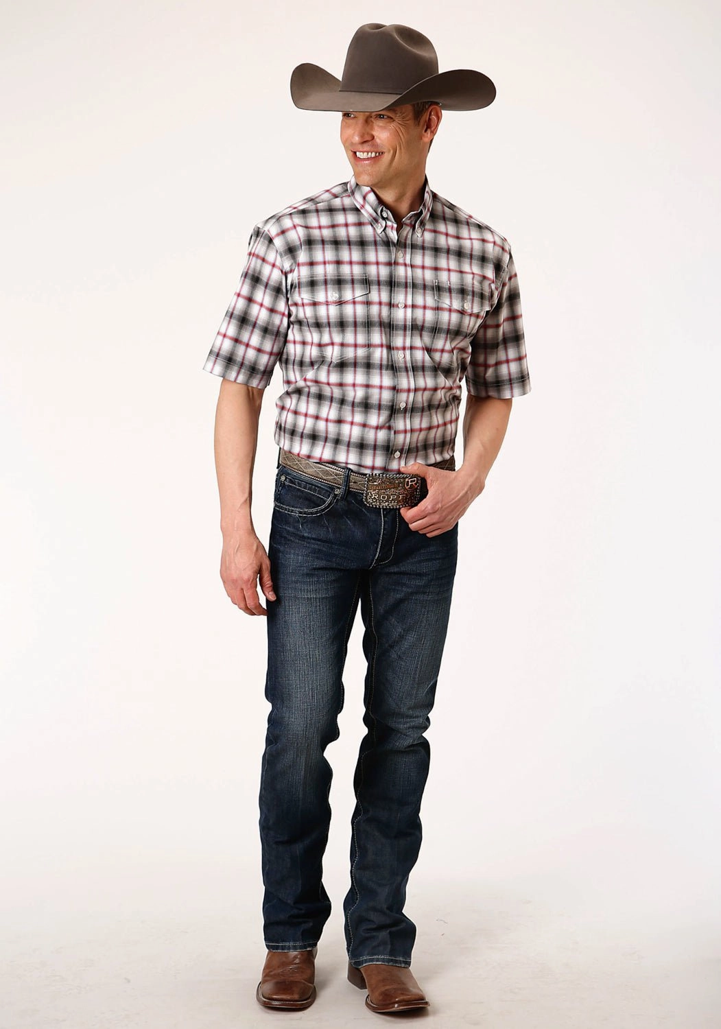 Teen Fashion Clean Edge Trim Roper Mens Black Cotton Blend Ombre Stretch BD S/S 2 Pocket Shirt