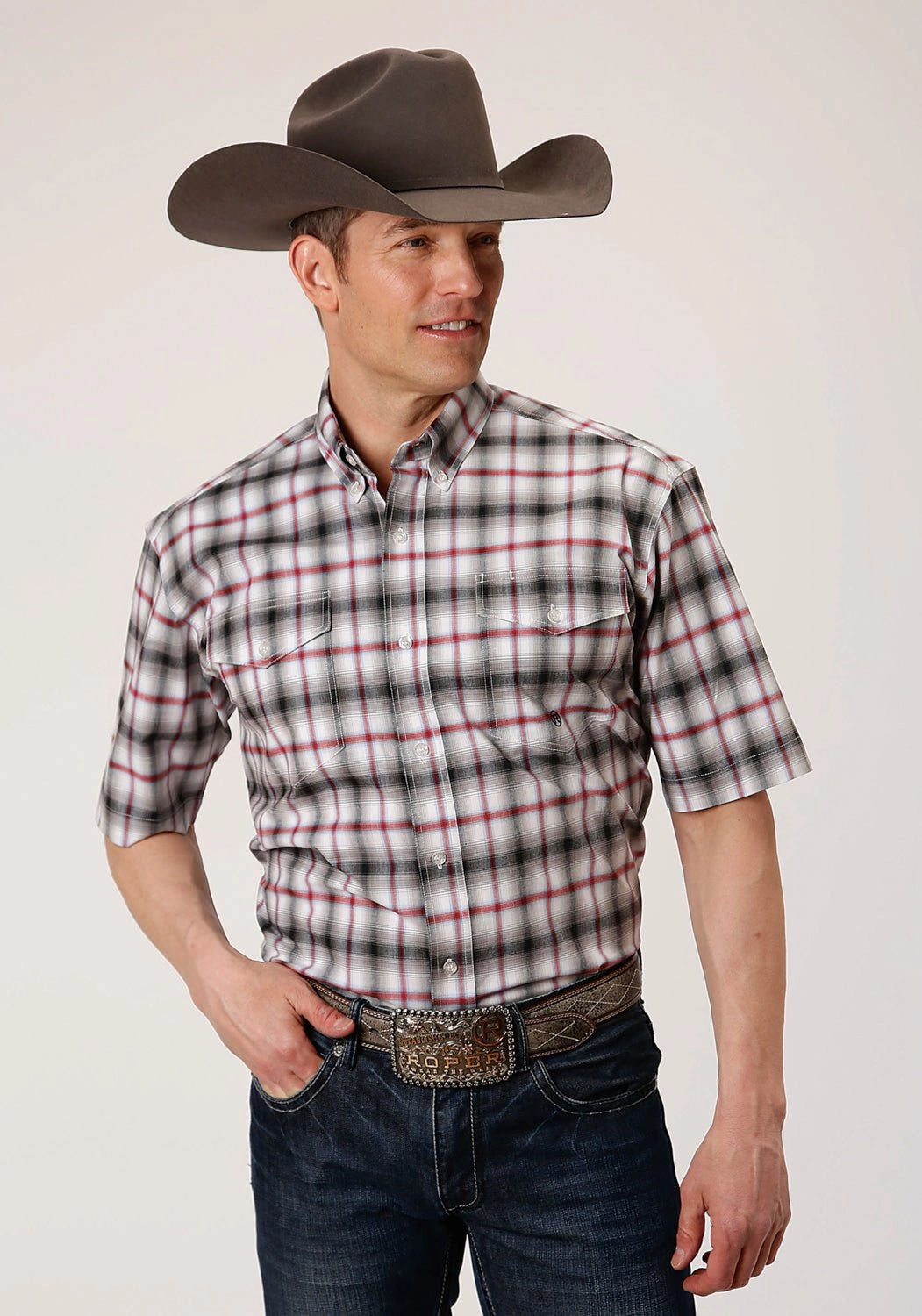 Comfort Stretch Picnic Outfit Roper Mens Black Cotton Blend Ombre Stretch BD S/S 2 Pocket Shirt