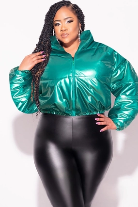 Final Sale Plus Size Shiny Crop Puffer Jacket in Green Comfort Wearable SecureZipperClosures