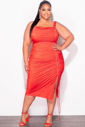 Final Sale Plus Size Shiny Spaghetti Straps Lace Up Detail Dress in Red FlexibleMobility