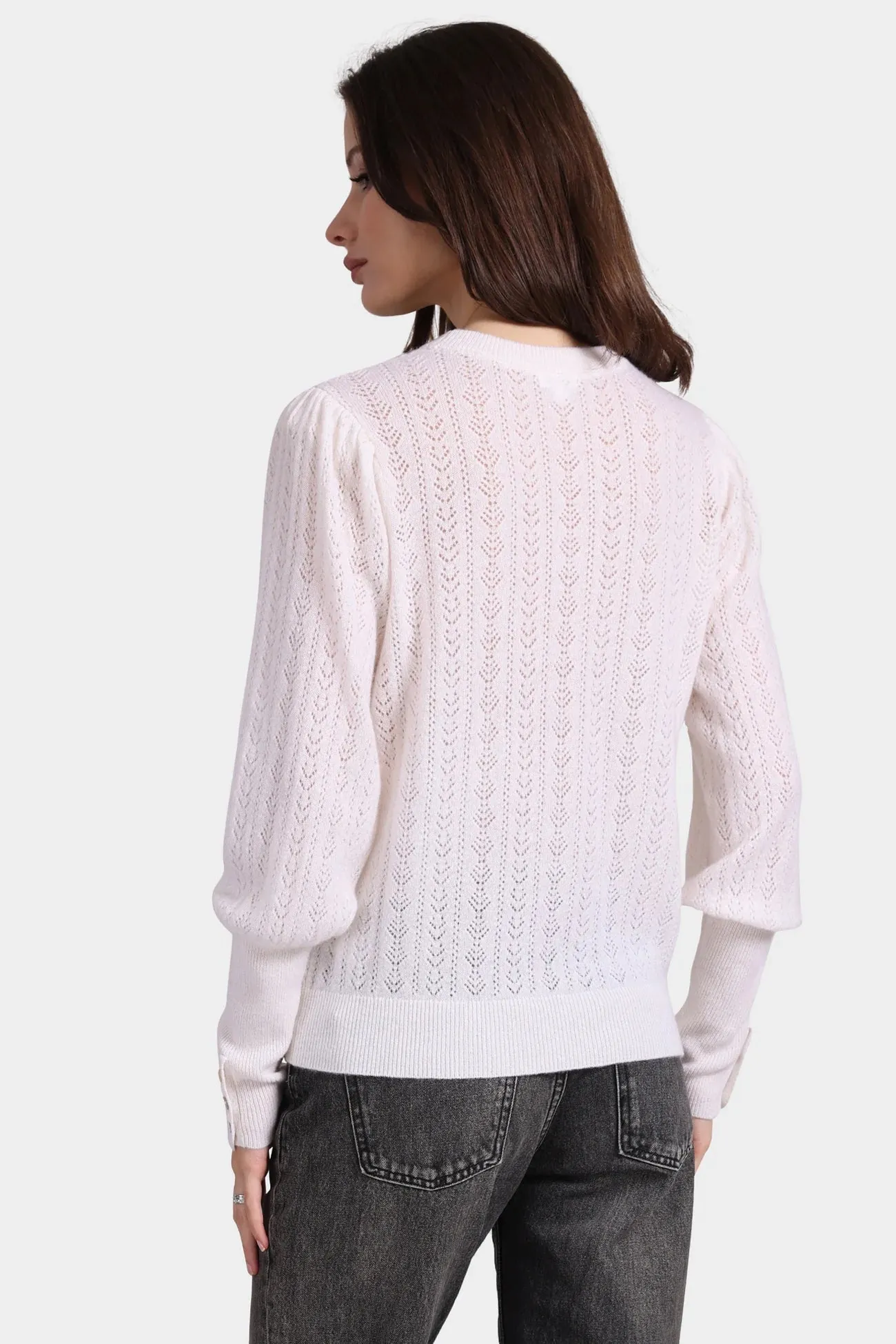 Minnie Rose Cashmere Blousant Sleeve Crew Neck DoubleNeedle Stitching