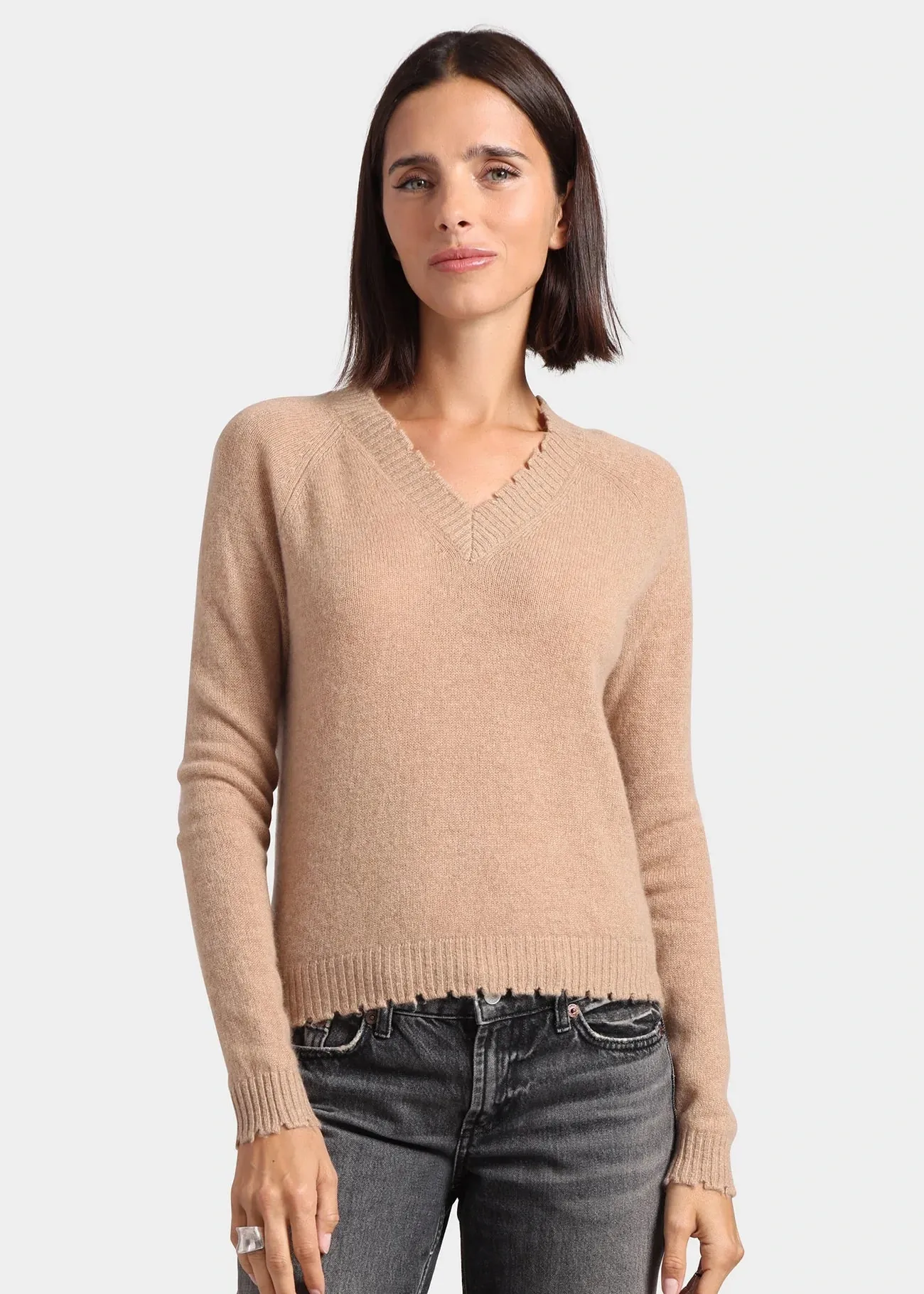 Minnie Rose Cashmere Frayed Edge Cropped V-Neck Sweater Anti Bacterial Layer