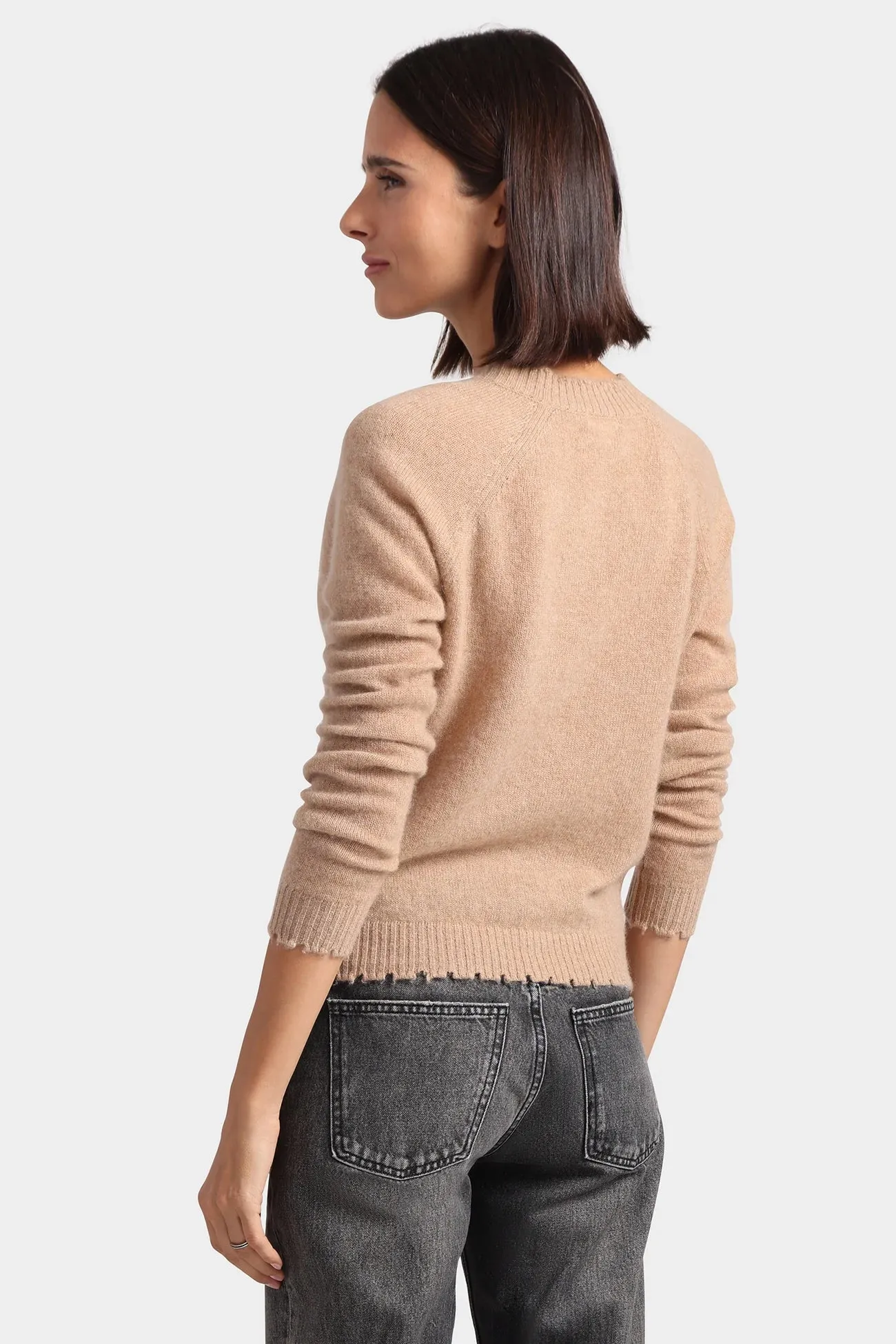 Minnie Rose Cashmere Frayed Edge Cropped V-Neck Sweater NonFade Dye