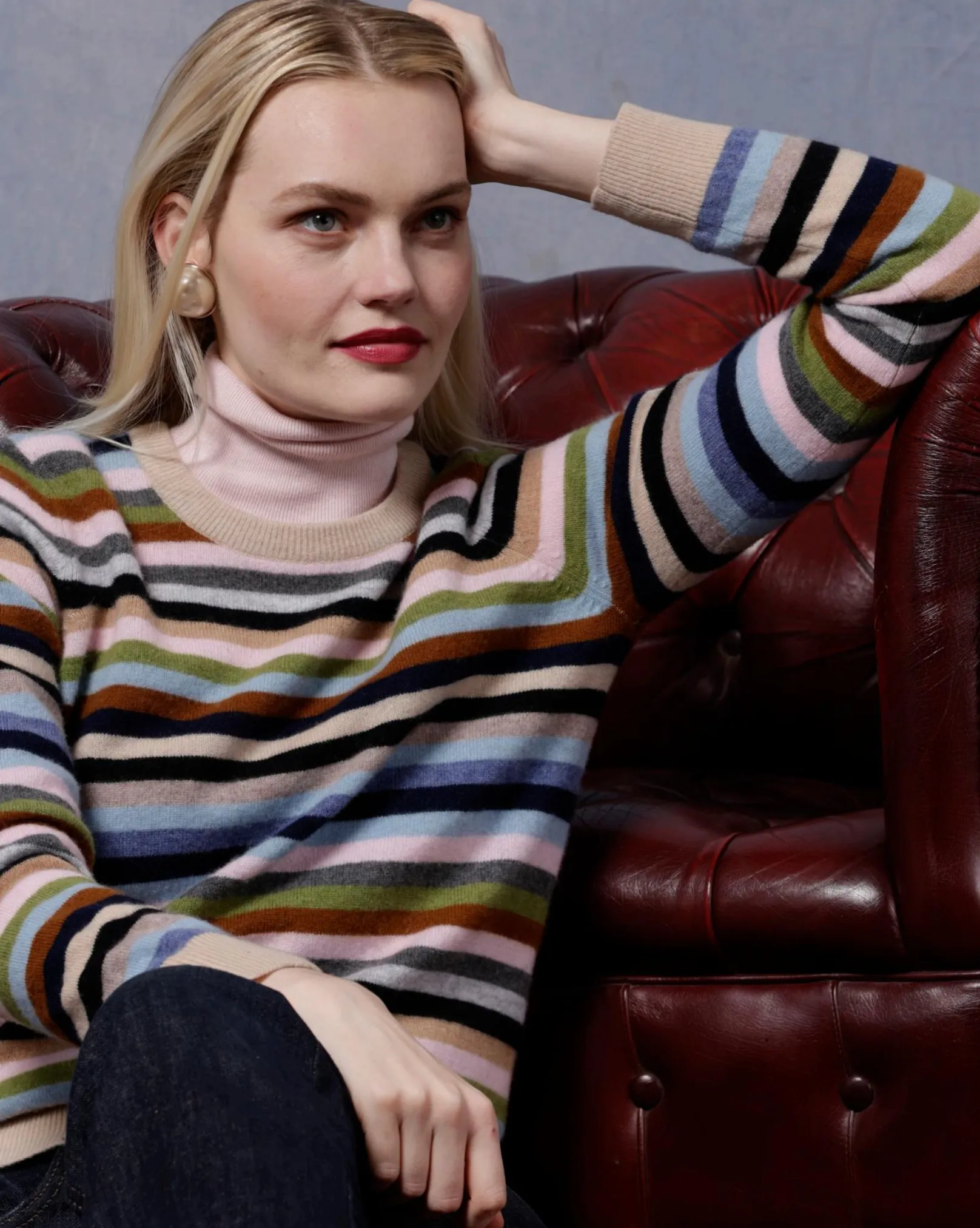 Minnie Rose Cashmere Striped Long Sleeve Crew Butter Soft Yarn Colorfast Dyed Knit