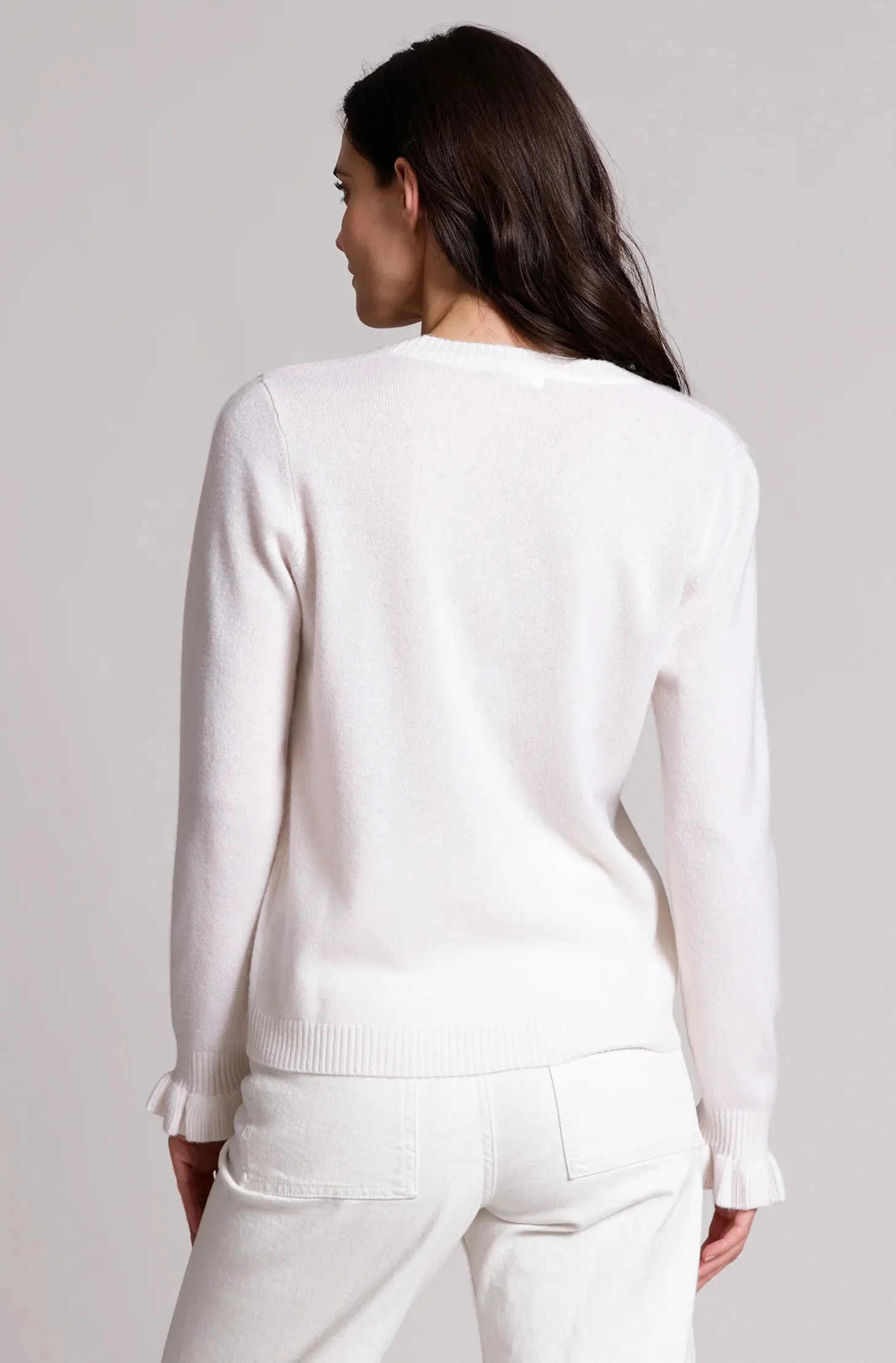 Minnie Rose Cashmere V Neck Ruffle Cardi White Butter Soft Handfeel