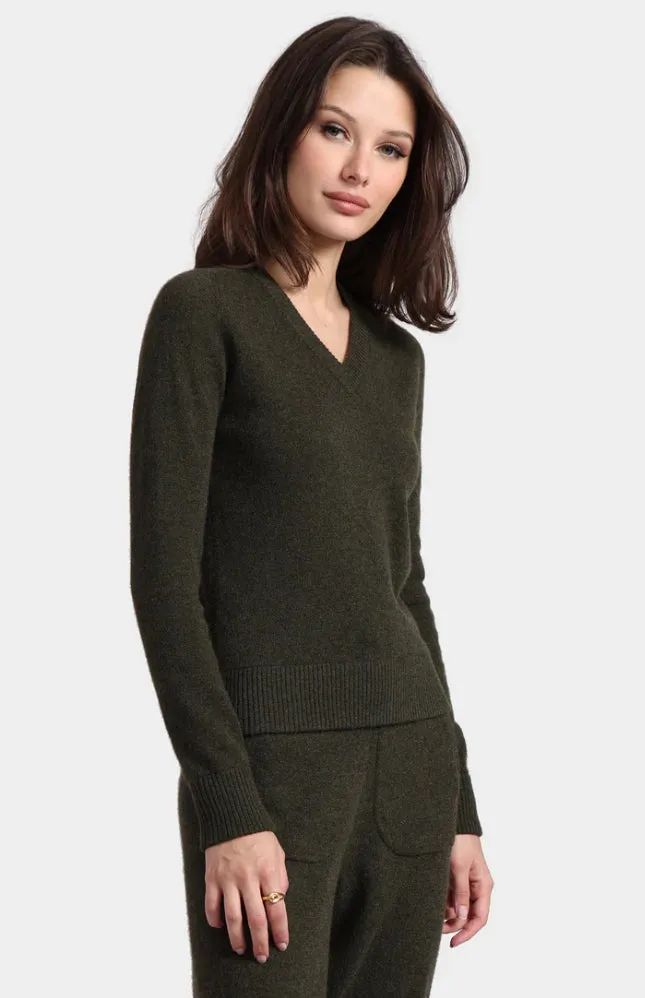 Minnie Rose Cashmere V-neckneck Raglan Pullover Army Lightweight Weave Material LayeringFriendly Weight