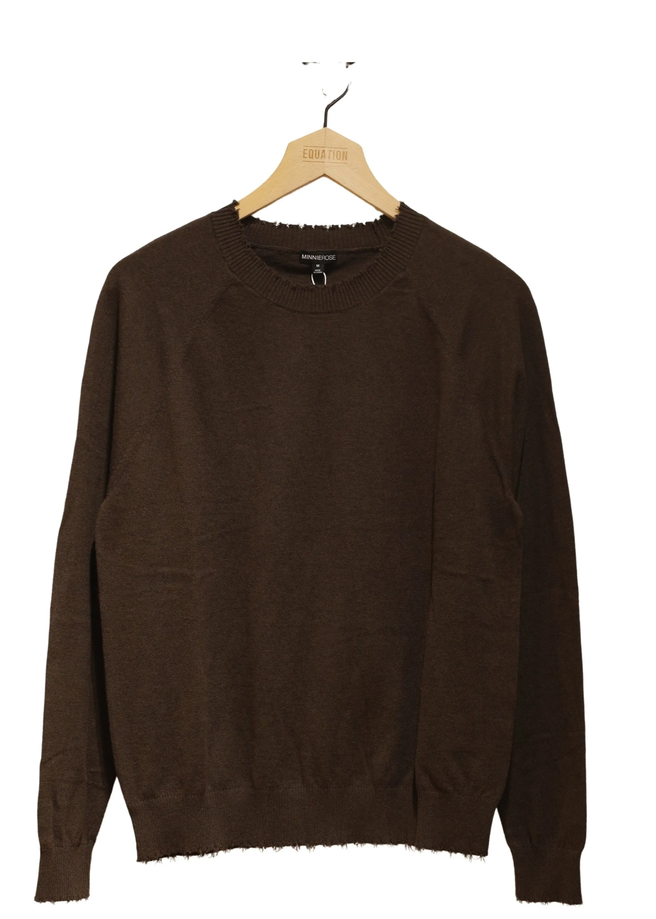 Minnie Rose Cotton Cashmere Frayed Edge Crew Sweater Hydrophobic Surface Treatment AdjustableNeckline