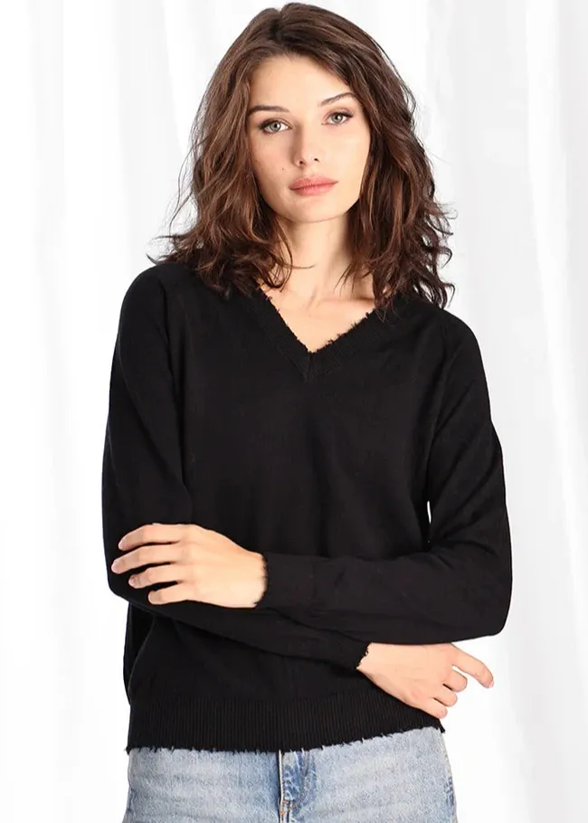 Day Layer Minnie Rose Cotton Cashmere Frayed Edge V-Neck Sweater