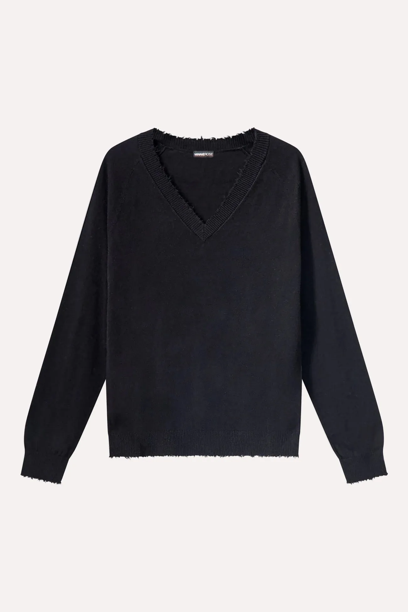 Minnie Rose Cotton Cashmere Frayed Edge V-Neck Sweater MoistureWicking Fabric