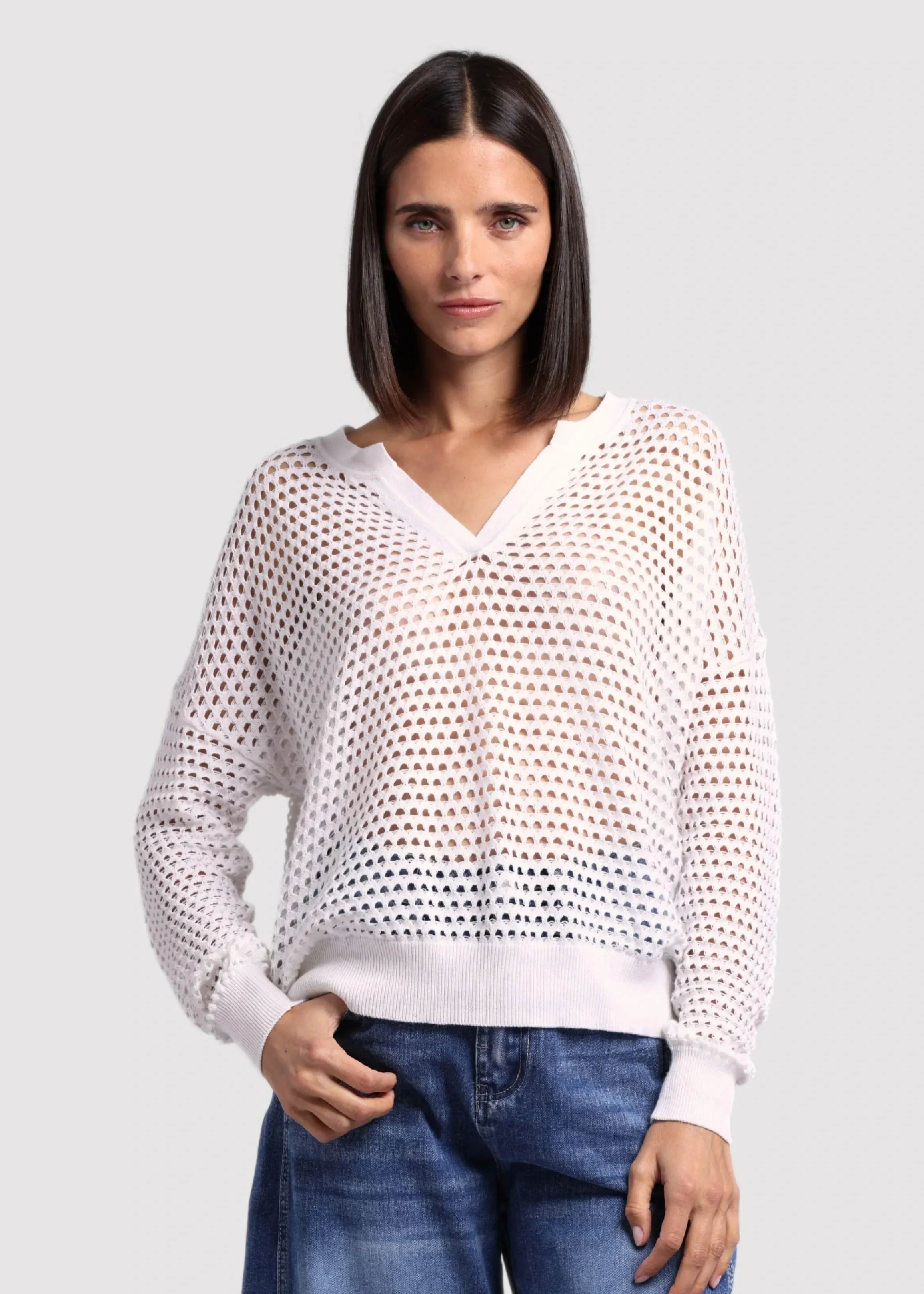 Minnie Rose Cotton Cashmere Plaited Mesh Split Neck Long Sleeve Top BondedEdges