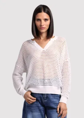 Minnie Rose Cotton Cashmere Plaited Mesh Split Neck Long Sleeve Top BondedEdges