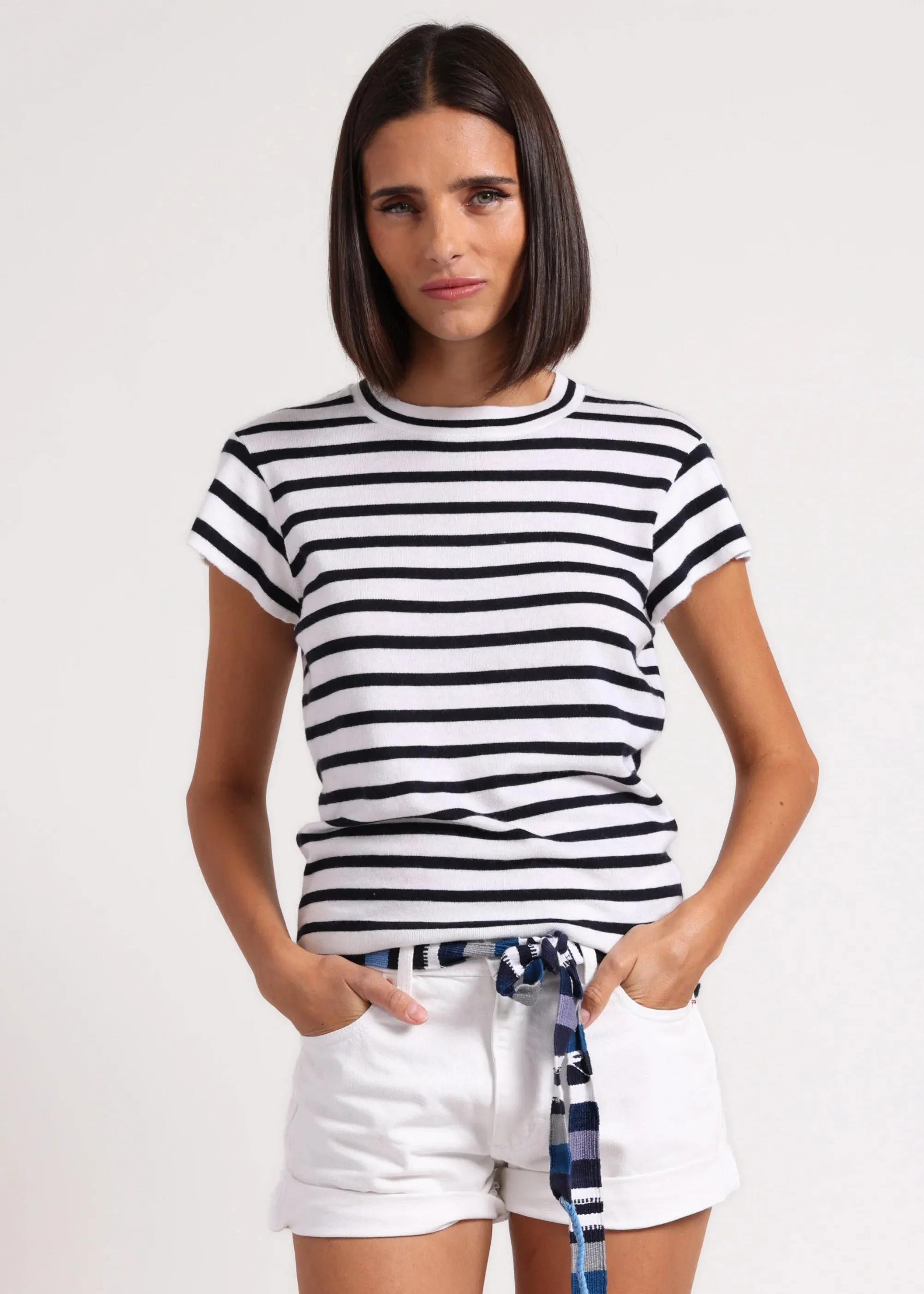 Minnie Rose Supima Cotton Cashmere Striped Cap Sleeve Crew Simple Layered Eco Conscious Manufacturing