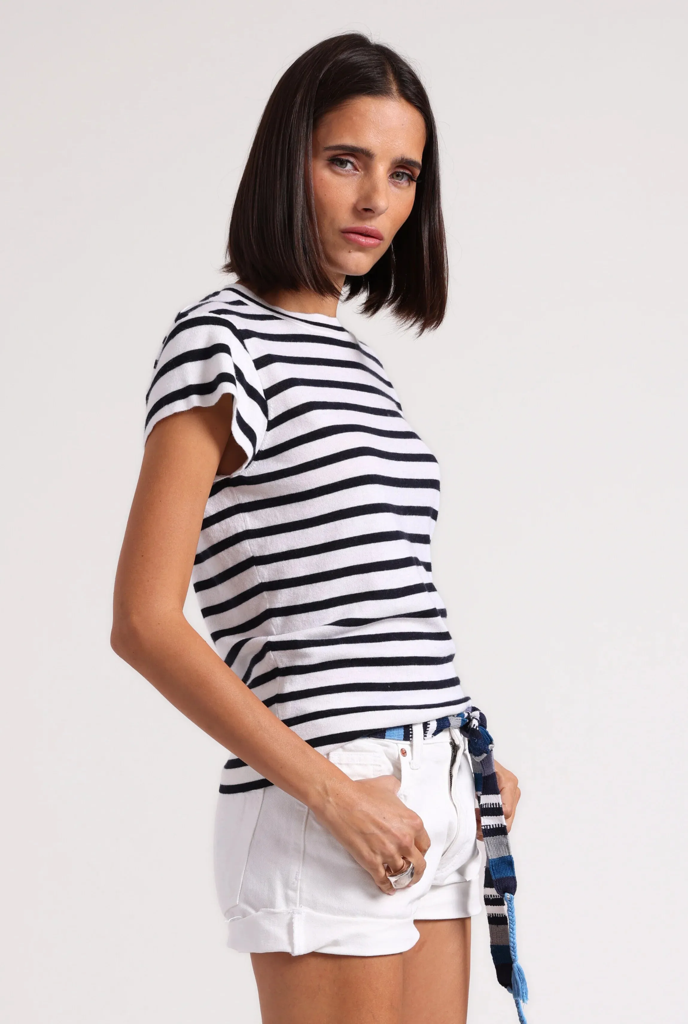 Minnie Rose Supima Cotton Cashmere Striped Cap Sleeve Crew MoistureWickingMaterial