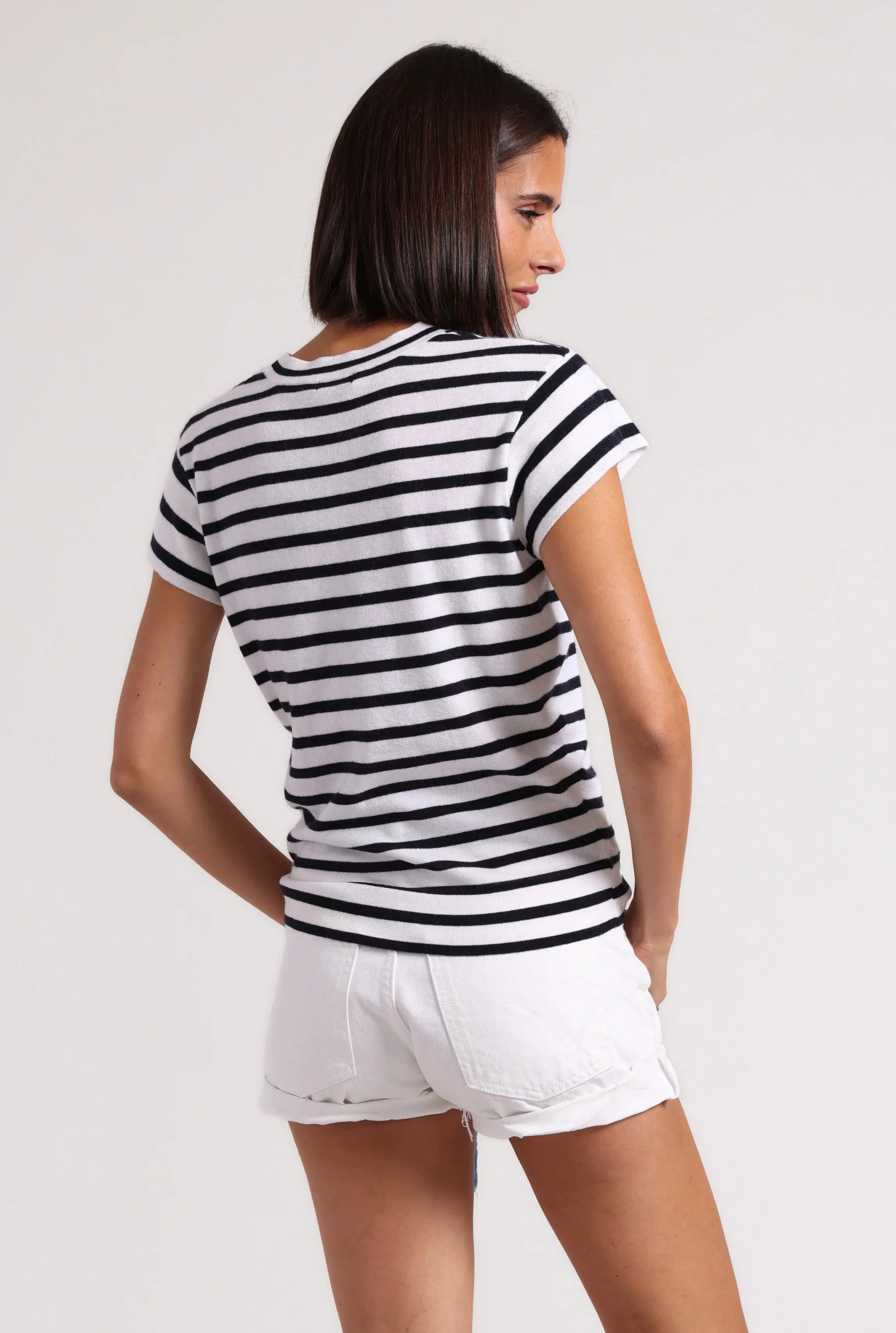 Multipurpose Layering Piece DoubleLayeredFabric Minnie Rose Supima Cotton Cashmere Striped Cap Sleeve Crew
