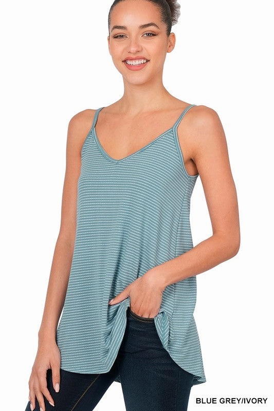 Ribbed Hem Finish Reinforced Hem Miranda Stripe V-neck Spaghetti Cami S-XL