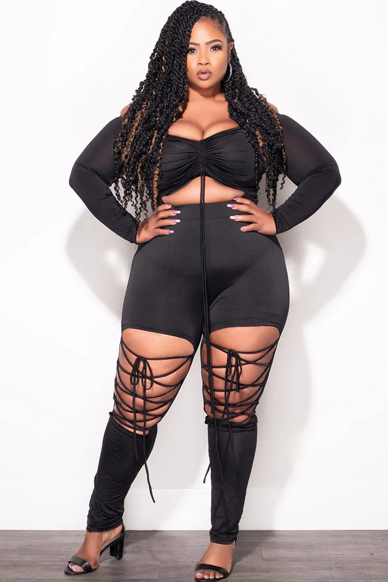 Comfort Flex Work Friendly Final Sale Plus Size 2pc Crop Top and Lace Up Pants Set in Black