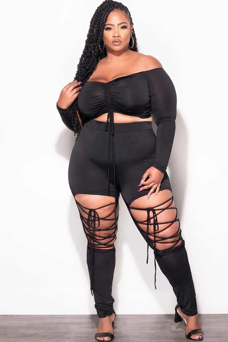 Hidden Zip Pockets Final Sale Plus Size 2pc Crop Top and Lace Up Pants Set in Black